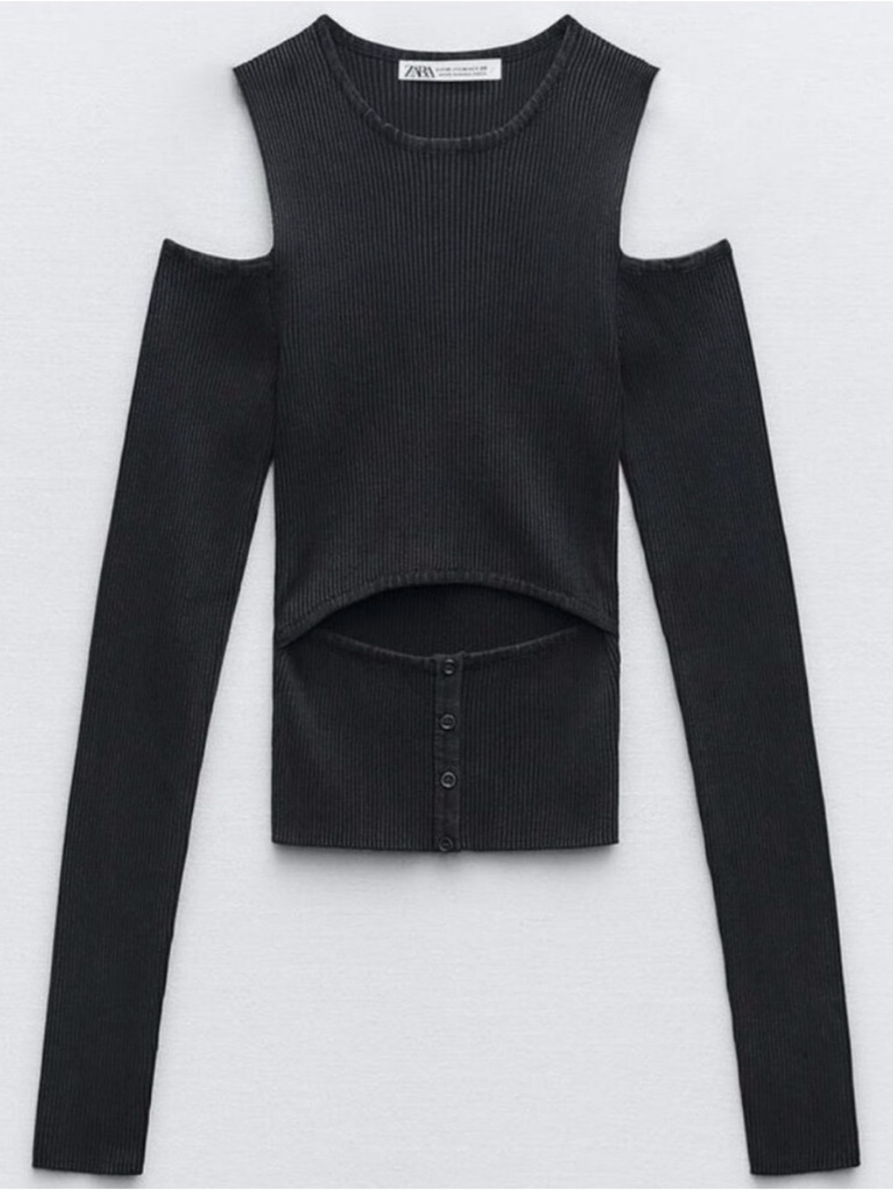 Zara Black Acid Wash Ribbed Cold-Shoulder Cutout Sweater SM - Picture 2 of 11